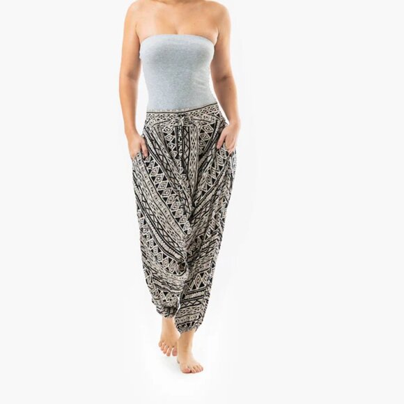 Buddha Pants Pants - Buddha Pants Elastic Waist Boho Hippie Tribal Savannah Harem Black Triangle
